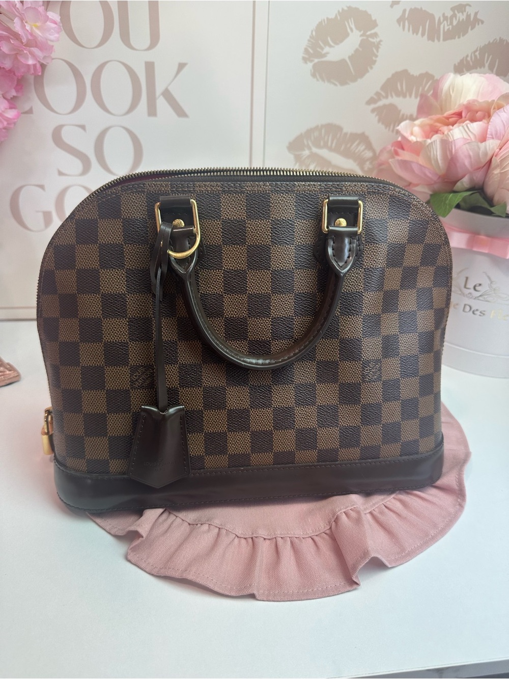 Louis Vuitton Brown Checkered Satchel with Gold Hardware